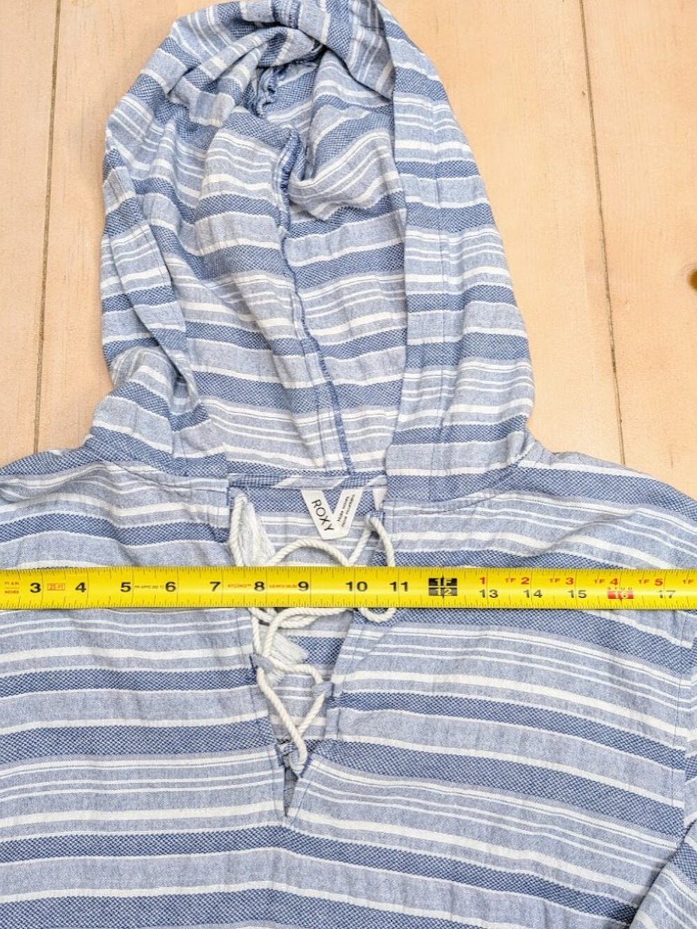 Roxy Blue White Striped Hooded Baja Pullover Hoodie Women's Medium 100% Cotton - Picture 6 of 12